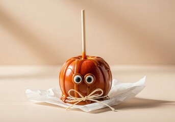 Cute caramel apple with googly eyes on parchment paper for Halloween treat
