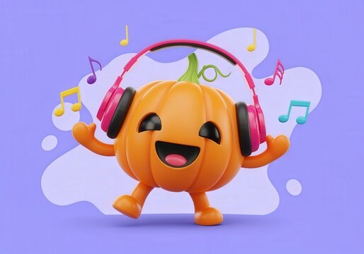 Cute Halloween kawaii pumpkin character dancing with headphones and music notes on purple background