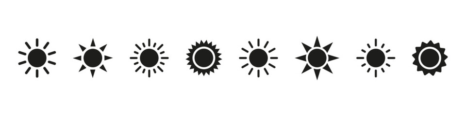 Sun icon set. Black sun vector set. Isolated sun sign set. Summer icon.