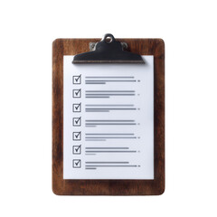 A wooden clipboard with a checklist featuring check marks on a white background, symbolizing task completion and organization in professional environments.