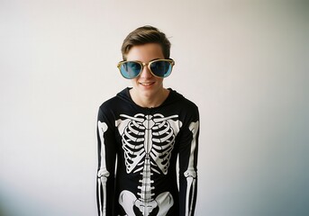 Teen boy in Halloween skeleton costume wearing oversized sunglasses smiling against white background