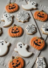 Halloween themed cookies with ghosts, pumpkins, and spiderwebs on gray cloth