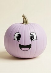 Cute pastel pink pumpkin with smiling kawaii face on neutral background for Halloween