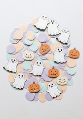 Colorful Halloween ghost and pumpkin paper decorations on pastel circles