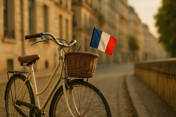 Vintage bicycle with French flag on basket in charming Paris street at dawn