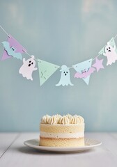 Pastel ghost Halloween themed party decorations with vanilla cake on white plate