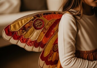 Girl in Handmade Moth Wings with Autumn Patchwork Fabric for Halloween Costume
