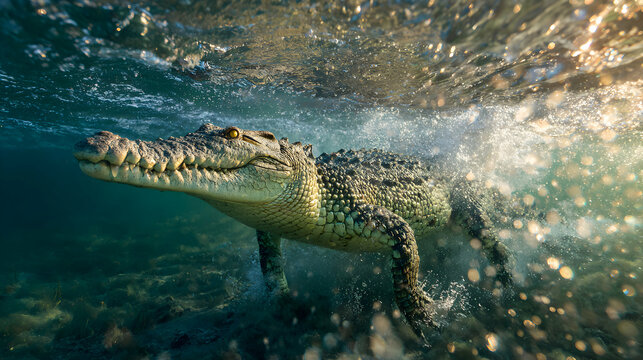 Cocodrilo swimming underwater with bubbles and sunrays in clear river