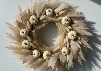 Elegant fall wreath with white pumpkins and beige pampas grass on white background