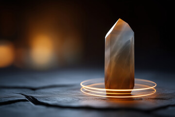 Glowing amber crystal tower on textured surface with circular light rings