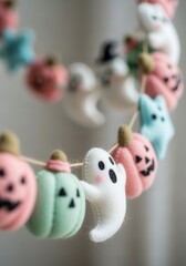 Colorful felt Halloween garland with ghosts and pumpkins for festive decor