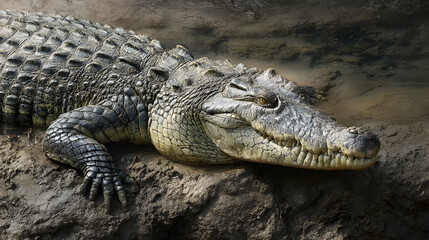 Obraz premium Large cocodrilo resting on muddy riverbank with eyes half closed