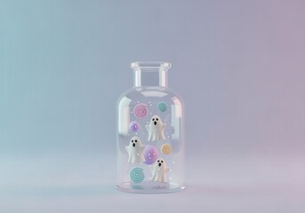 Whimsical ghosts and candy spirals in glass jar on pastel background for Halloween