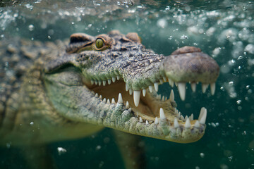 Obraz premium Aggressive cocodrilo underwater showing sharp teeth and open mouth