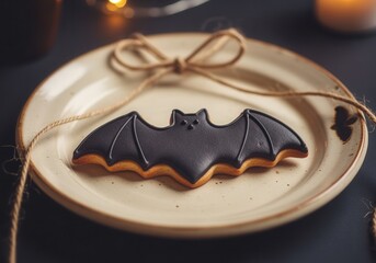 Halloween bat-shaped cookie on plate with decorative string tied in bow