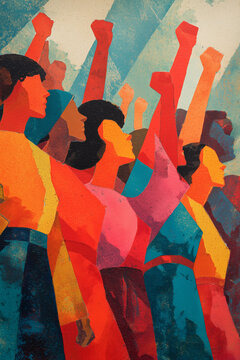 group of women together with fists raised protesting, abstract textured print, power to the people