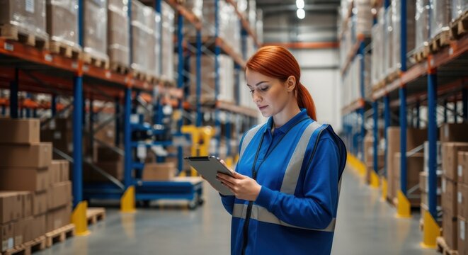 Female supervisor wearing reflective vest using digital tablet and managing inventory inside large warehouse distribution center with shelves full of cardboard boxes