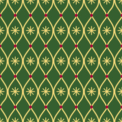 A festive green pattern features golden, leaf-like curves intersecting with small red dots, framing yellow asterisk-like stars