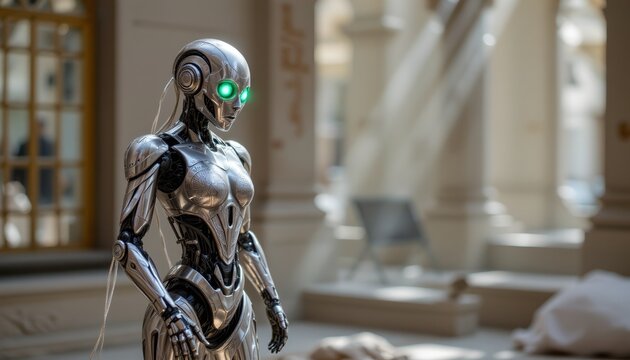 imagine a futuristic scene where robotics and artificial intelligence have transformed the world into a mesmerizing blend of nostalgia and cutting edge technology, in this artwork