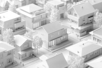 白基調の住宅地スケールモデル・アイソメトリックビュー.Generative AI