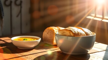 Bright lens flare illustration of Challah bread and soup on a rustic table in sunlight.  Vibrant colors, light streaks 