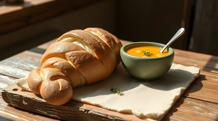 Sculptural clay art of adorable and charming Challah bread and soup on a rustic table in sunlight. Modeled shapes, textured surface, cute features 