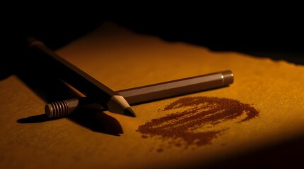 Bioluminescent brown and beige brow pencils and spoolie on kraft paper, glowing with moody, low-contrast lighting, vibrant beige and brown hues, natural light effects creating a strong, stylized