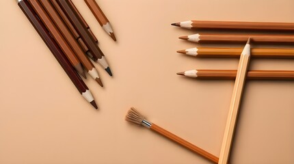 Overhead bird’s-eye view of brown and beige brow pencils and spoolie arranged on a kraft paper background 