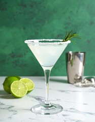 Crisp cocktail in a salted-rim martini glass with rosemary and lime garnish, resting on marble with a rich green backdrop elegant and refreshing.