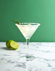 Crisp cocktail in a salted-rim martini glass with rosemary and lime garnish, resting on marble with a rich green backdrop elegant and refreshing.