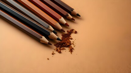 High angle perspective of Brown and Beige Brow Pencils and Spoolie on Kraft Paper Background, warm golden hour light, soft light just after sunrise or before sunset, elevated viewpoint 