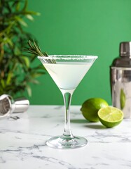 Crisp cocktail in a salted-rim martini glass with rosemary and lime garnish, resting on marble with a rich green backdrop elegant and refreshing.