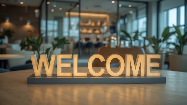Warm WELCOME Sign on Wooden Table in Modern Interior with Natural Lighting
