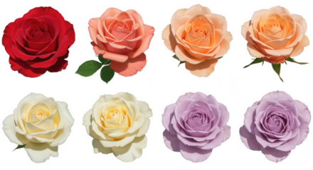 Collection of eight roses in various colors isolated on transparent background