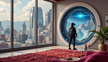 imagine a futuristic scene where the boundaries between reality and virtual worlds blur seamlessly, in this artwork