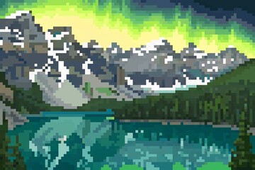 Obraz premium Pixel art of a mountain range with a lake and aurora borealis in the sky above the landscape view