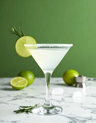Crisp cocktail in a salted-rim martini glass with rosemary and lime garnish, resting on marble with a rich green backdrop elegant and refreshing.