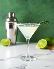 Crisp cocktail in a salted-rim martini glass with rosemary and lime garnish, resting on marble with a rich green backdrop elegant and refreshing.