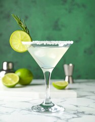 Crisp cocktail in a salted-rim martini glass with rosemary and lime garnish, resting on marble with a rich green backdrop elegant and refreshing.