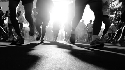 Läufer starten gemeinsam in ein Straßenrennen – Schwarz-Weiß-Fotografie eines dynamischen Laufevents mit Gegenlicht und Fokus auf Bewegung, Energie und Gemeinschaftsgefühl