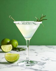 Crisp cocktail in a salted-rim martini glass with rosemary and lime garnish, resting on marble with a rich green backdrop elegant and refreshing.