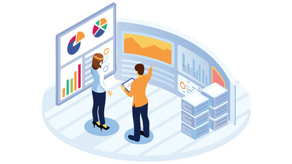 Fototapeta premium Isometric view of business analysis with people and rising bar graph and upward pointing arrow