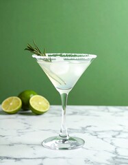 Crisp cocktail in a salted-rim martini glass with rosemary and lime garnish, resting on marble with a rich green backdrop elegant and refreshing.