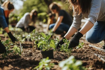 Volunteers planting seedlings in a community garden. (2)