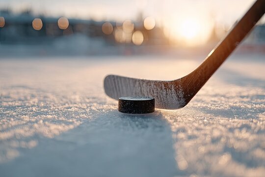 Hockey stick poised above puck on ice, capturing golden sunset g