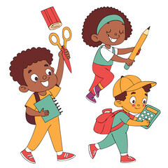 a group of cartoon children holding school supplies, 4k, highly detailed, digital art, vibrant colors, whimsical, joyful, bright, beautiful
