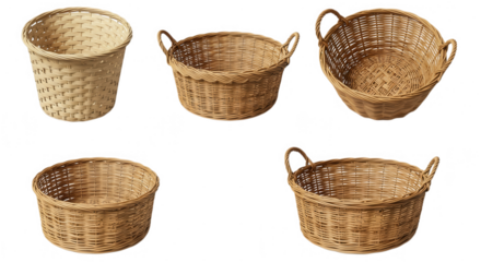Collection of wicker baskets in various shapes isolated on transparent background