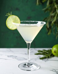 Crisp cocktail in a salted-rim martini glass with rosemary and lime garnish, resting on marble with a rich green backdrop elegant and refreshing.