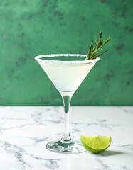 Crisp cocktail in a salted-rim martini glass with rosemary and lime garnish, resting on marble with a rich green backdrop elegant and refreshing.