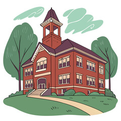 old-fashioned brick building, red roof, clock tower, green trees, grassy foreground, artistic illustration, 2d digital art, intricate detail, vibrant colors, whimsical style
